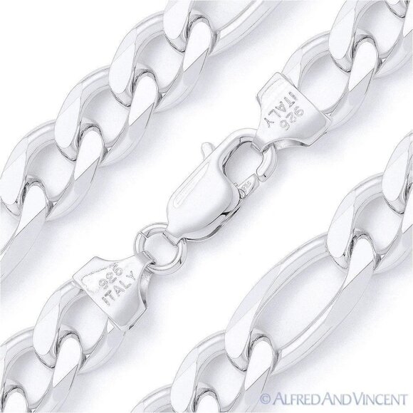 14mm Figaro / Figaroa Link Italian Chain Bracelet in Solid .925 Sterling Silver